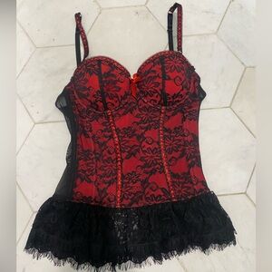 Red and Black Lace Bustier Chemise - Women Intimates